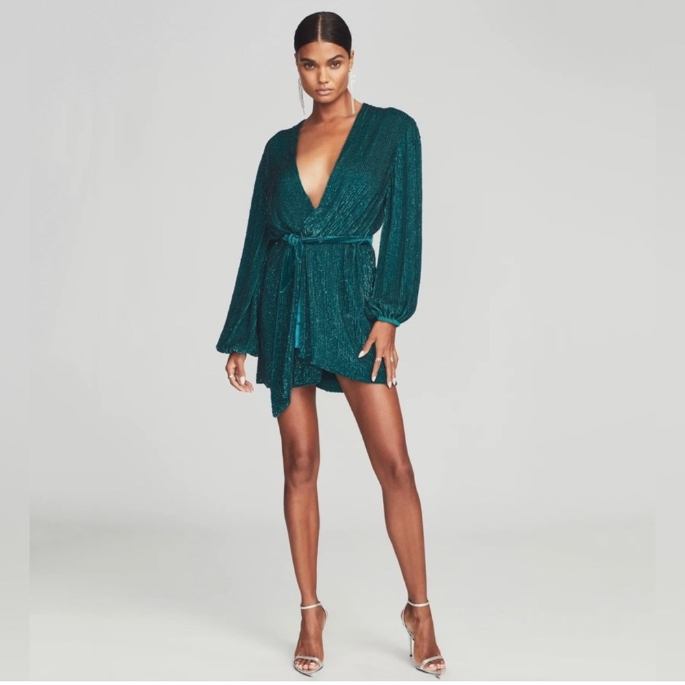 Retrofete Green Mini Dress with Plunge Neckline and Bishop Sleeves.